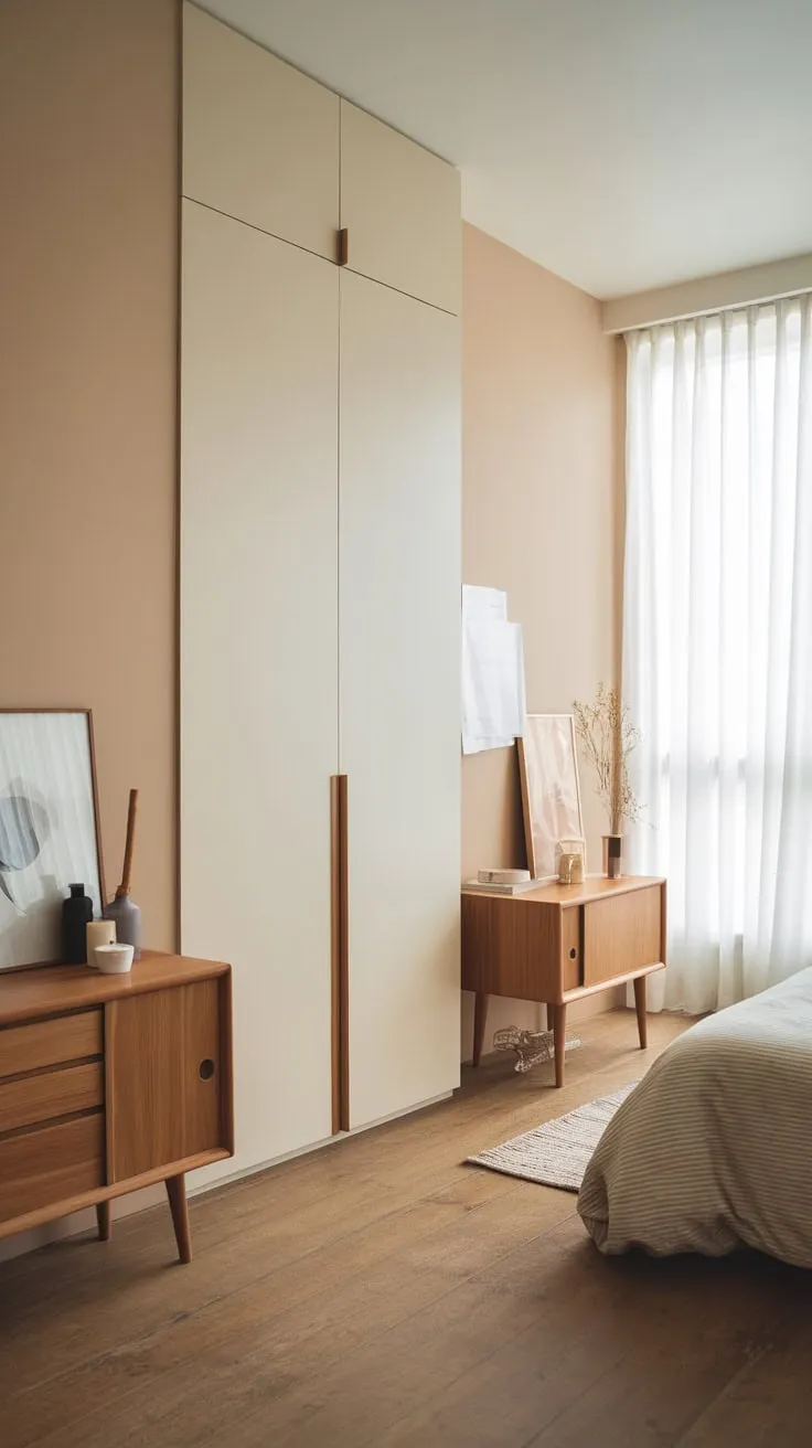 Clean lines and natural materials define this modern bedroom's calming, minimalist aesthetic.