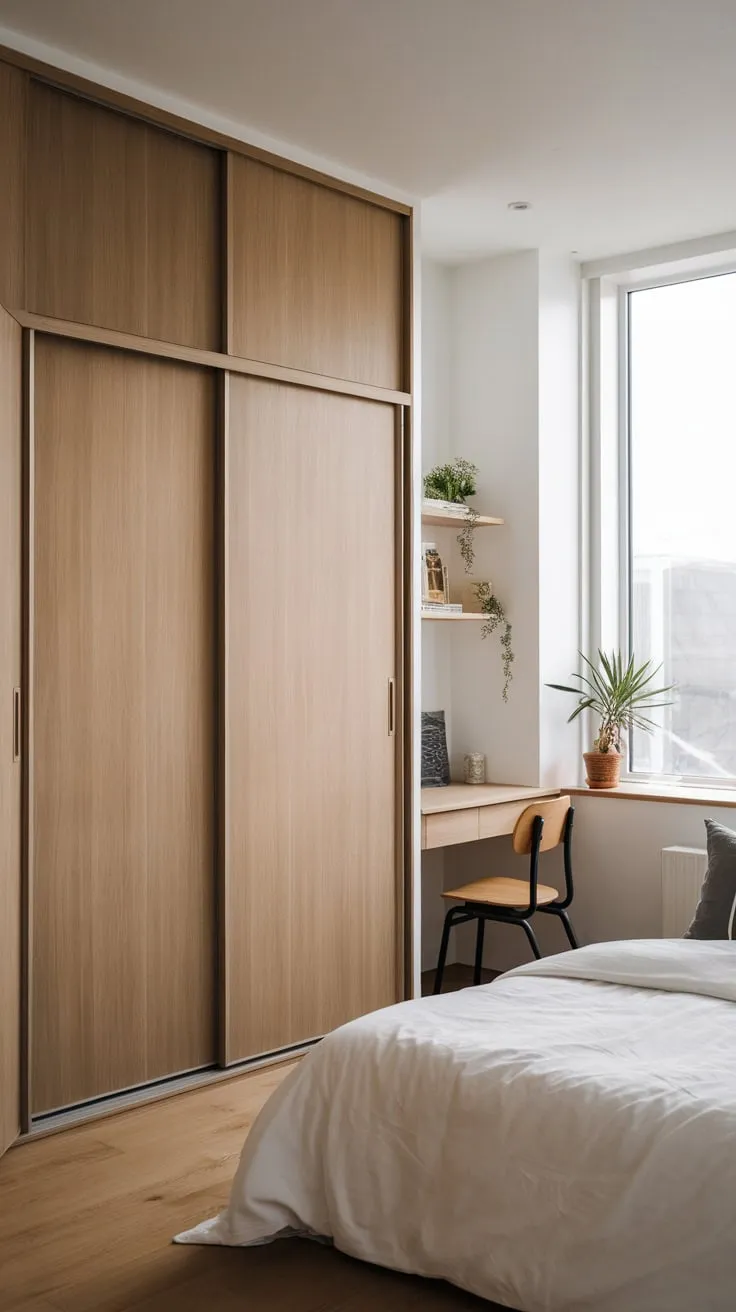 Sunlight floods a minimalist Japandi bedroom featuring a wooden wardrobe, simple bed, and small workspace.