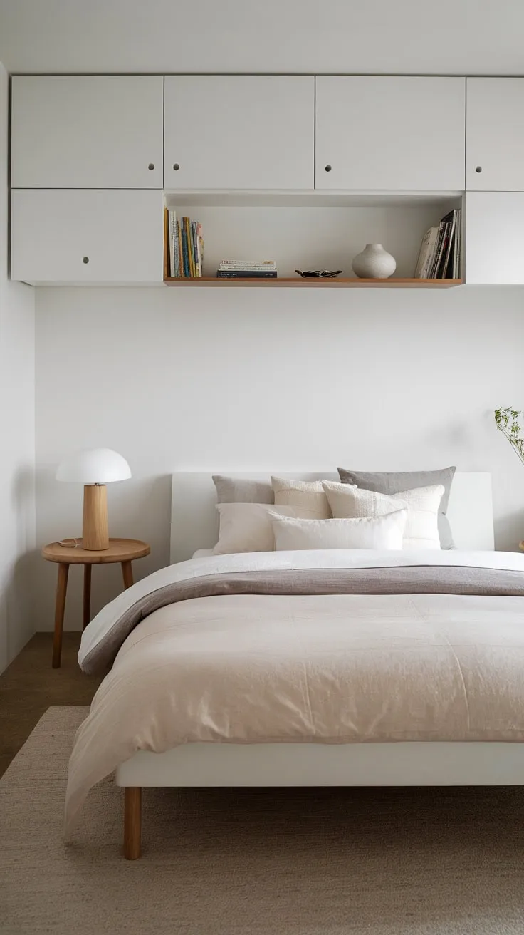 Clean lines and a neutral palette define this compact modern bedroom, featuring a double bed and subtle wooden details for a calming atmosphere.