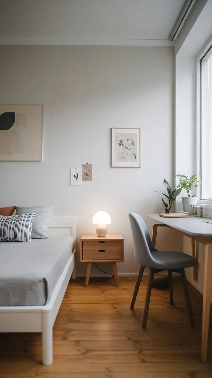 White walls and wooden floors create a tranquil space in this compact modern bedroom featuring a Japandi-Scandinavian design.