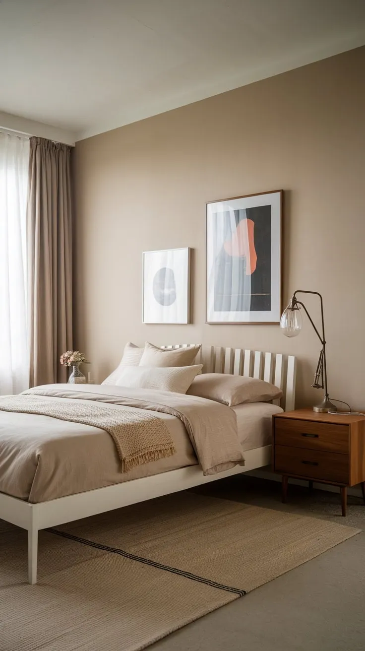 A minimalist Japandi-Scandinavian queen bedroom boasts a calming beige palette, natural wood accents, and vintage-inspired details.