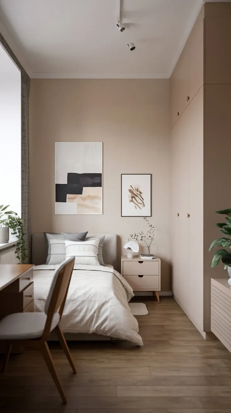 A beige-walled, wood-floored bedroom blends Japandi and Scandi styles, maximizing a small footprint with essential furniture and calming soft lighting.