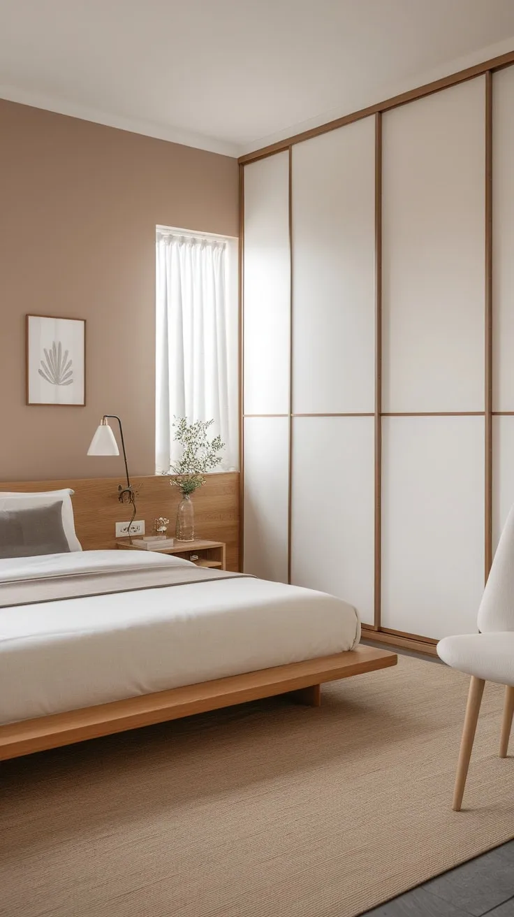 Clean lines and natural materials create a peaceful modern bedroom in a Japandi-Scandinavian fusion.