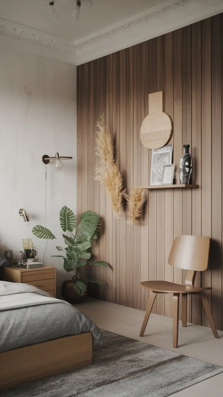 A minimalist Japandi-Scandi bedroom boasts a small footprint, wooden paneling, and carefully curated details for a serene modern aesthetic