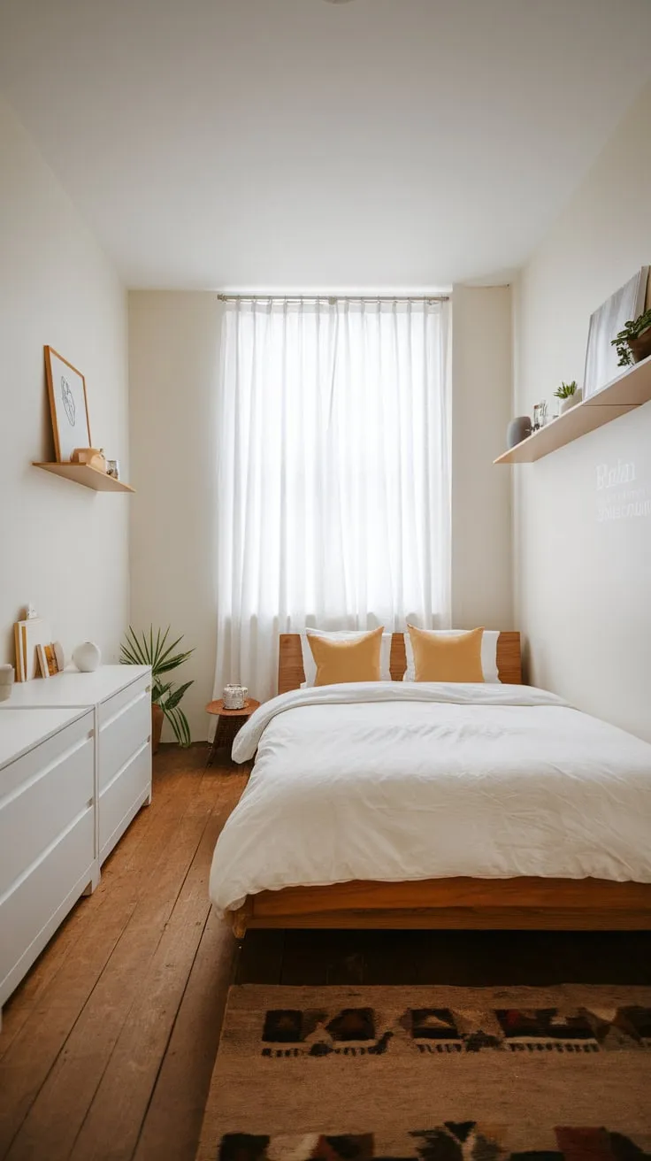 A serene modern bedroom blends Japandi and Scandinavian styles with light wood, white walls, and simple furnishings for a peaceful retreat.