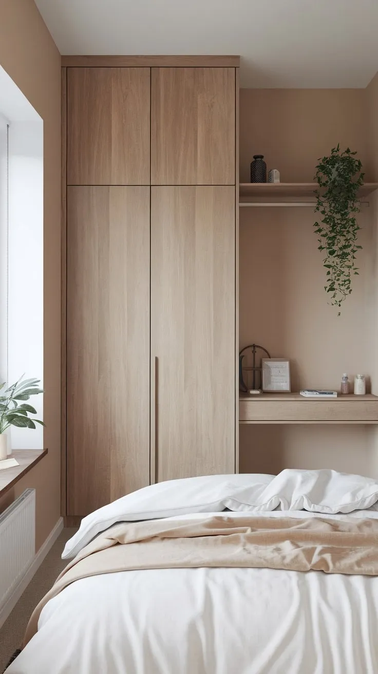 A minimalist Japandi-Scandinavian bedroom boasts a calming beige palette, natural wood accents, and a small footprint.