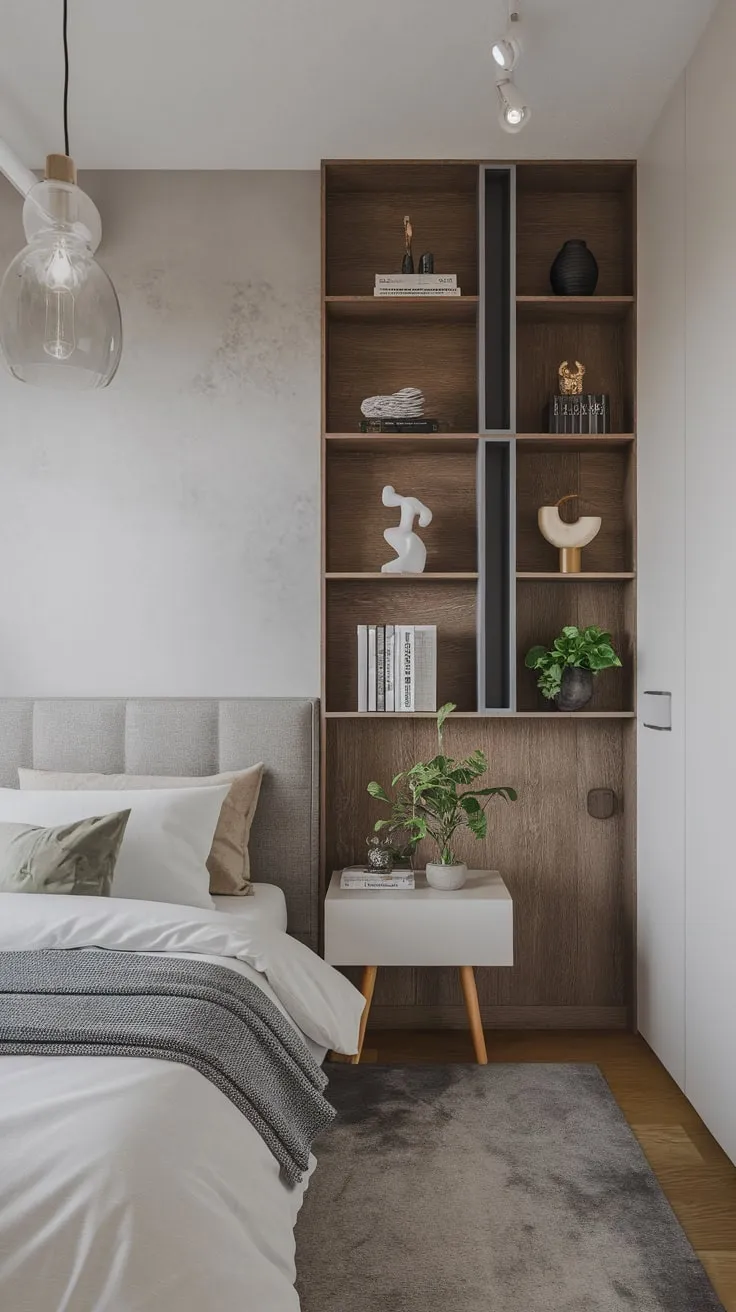 Clean lines and natural materials define this compact modern bedroom, creating a serene and functional space.