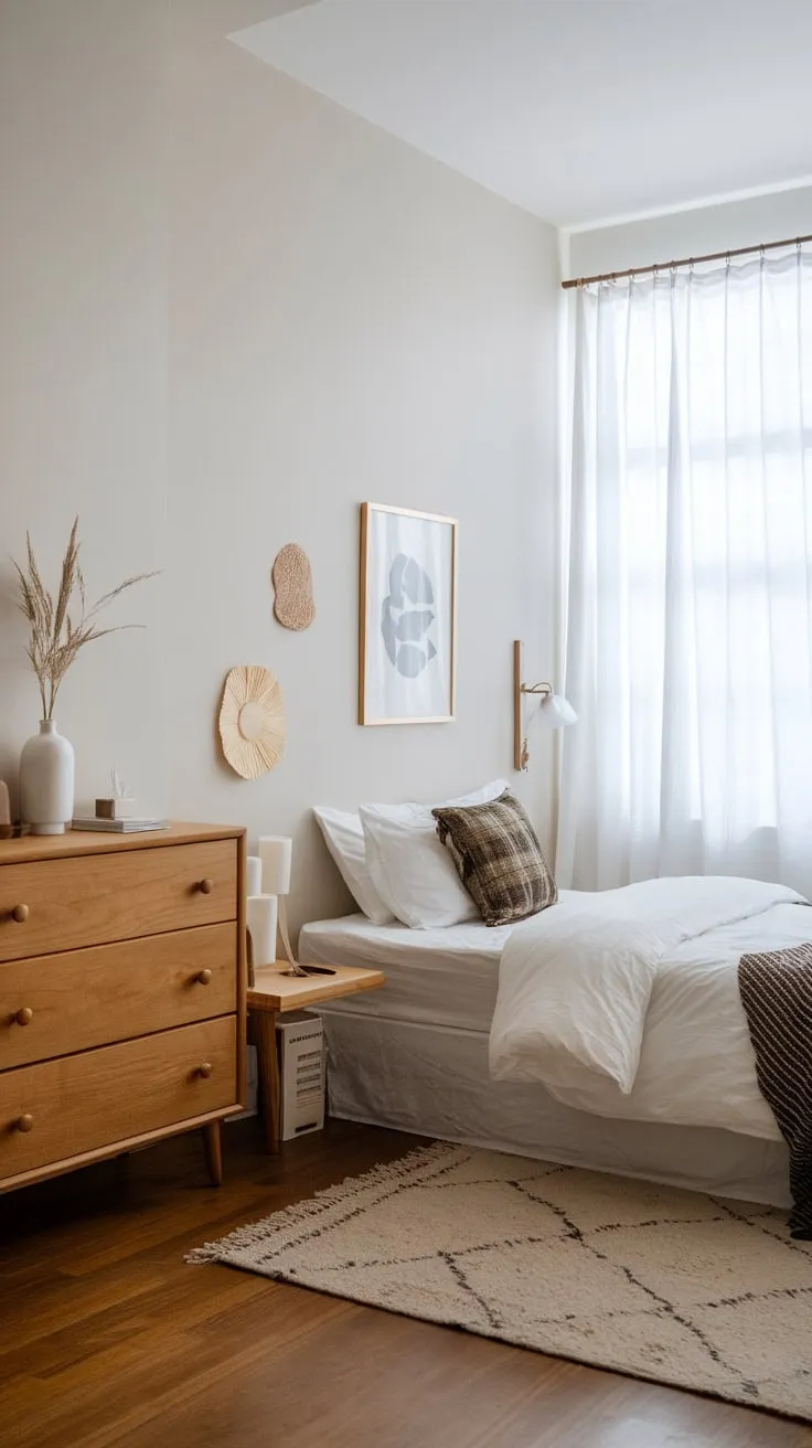 Clean lines and natural materials define this modern bedroom's calming Japandi and Scandinavian aesthetic.