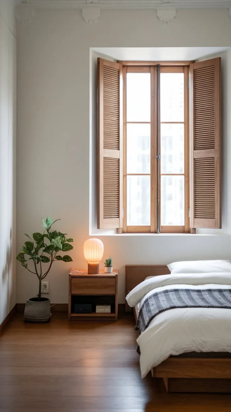 Sunlight streams into a serene modern bedroom featuring a wooden platform bed and minimalist décor, reflecting a Japandi and Scandinavian aesthetic.