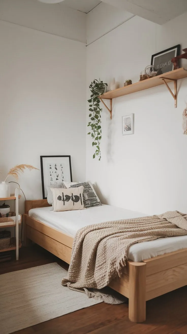 Soft lighting and natural wood accents create a serene modern bedroom, reflecting a minimalist Japandi-Scandinavian design.