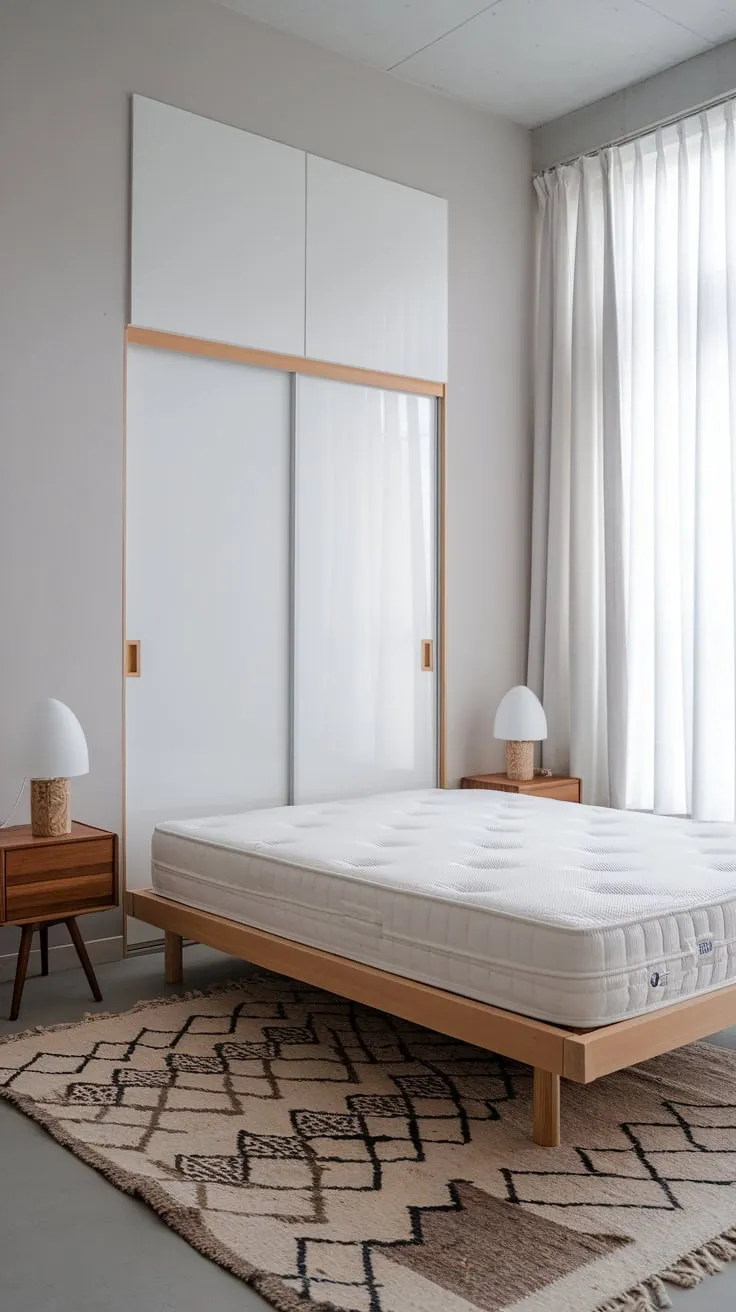 Clean lines and natural materials define this compact modern bedroom, creating a serene and functional haven.
