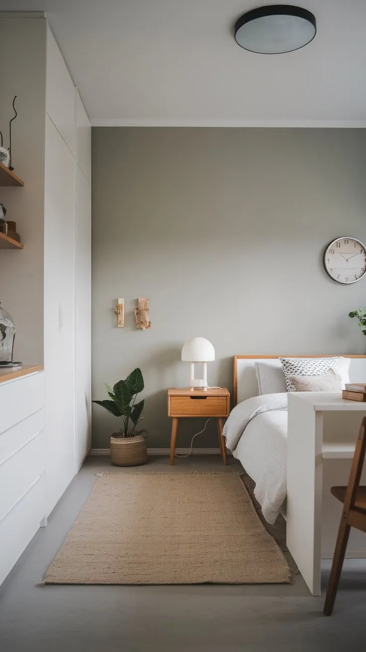 A minimalist Japandi-Scandinavian bedroom maximizes small space with soft gray walls, light wood accents, and strategically placed furniture.