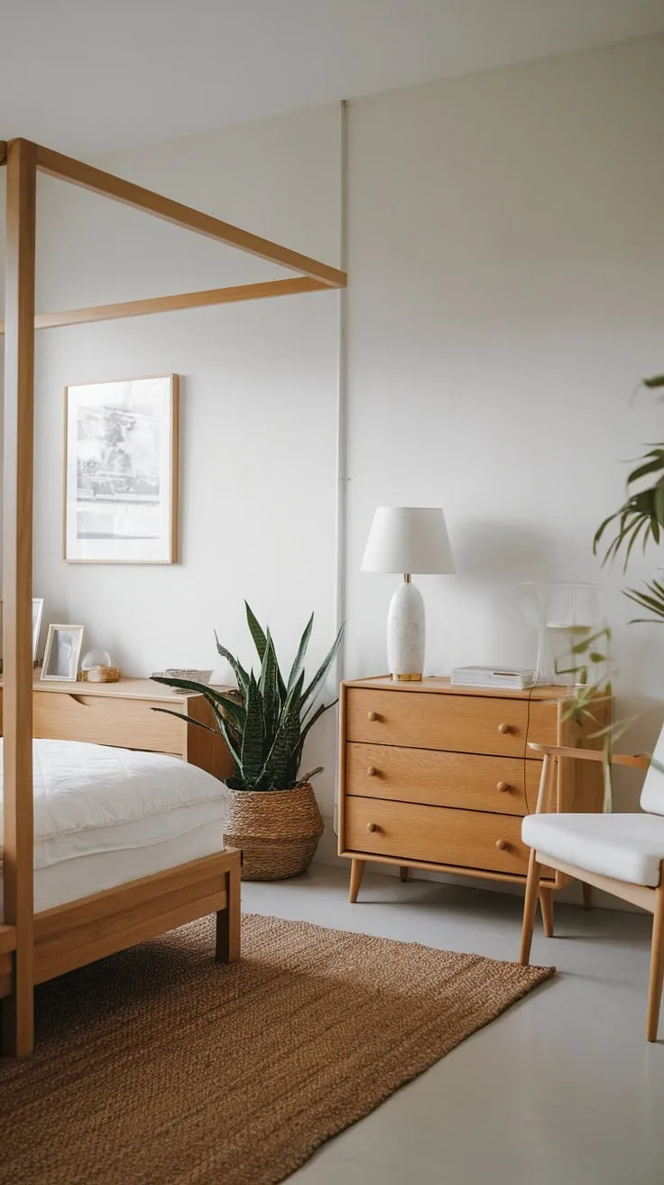A minimalist Japandi bedroom boasts a small footprint, featuring natural wood accents and calming white tones for a serene Scandinavian-inspired sanctuary