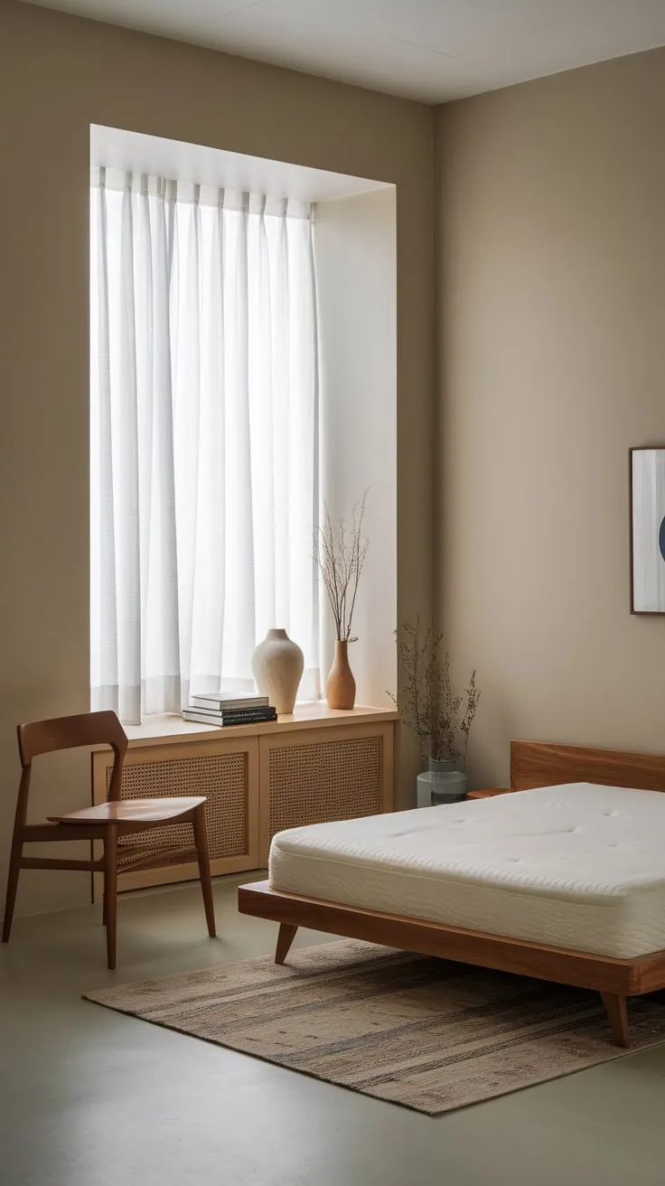 Minimalist Japandi-Scandinavian furniture and neutral tones create a spacious feel in this small, bright modern bedroom