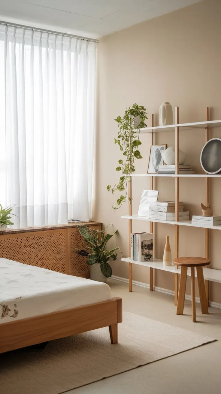 A small yet stylish modern bedroom blends Japandi and Scandinavian influences, featuring natural wood, a neutral palette, and a serene atmosphere.