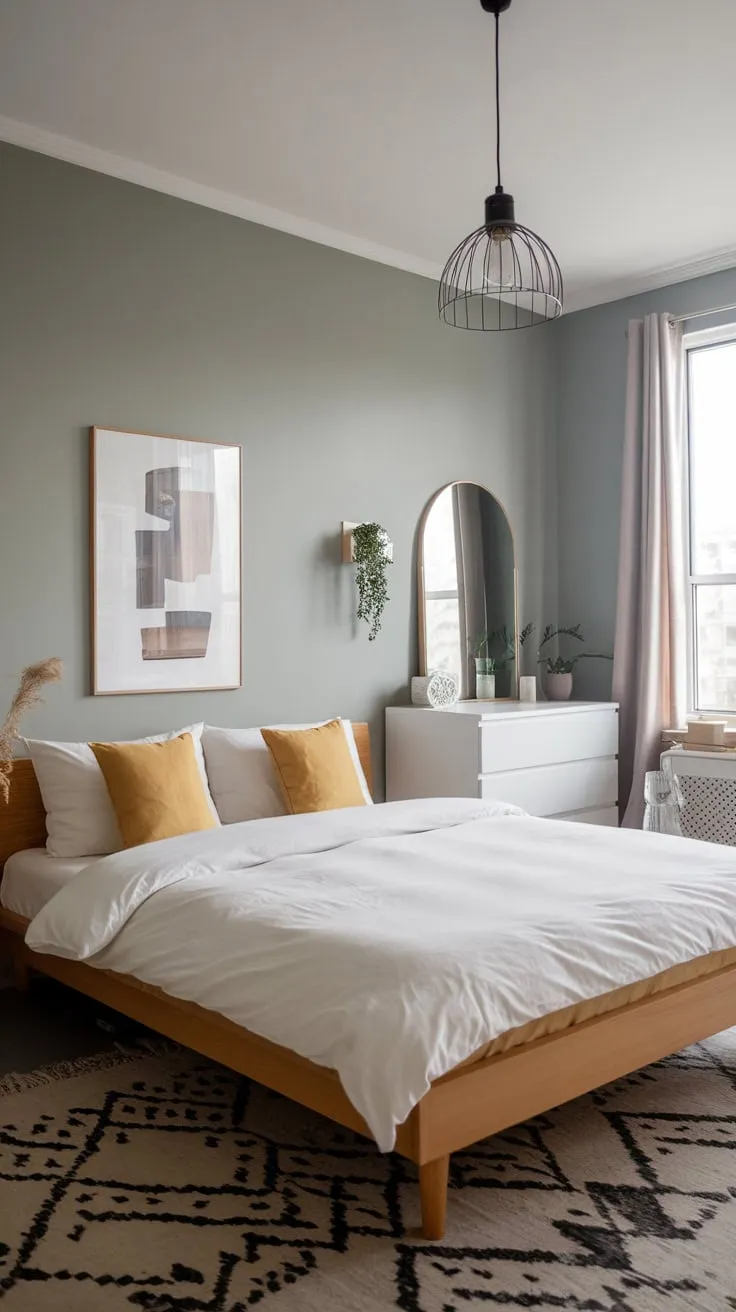 A calming modern bedroom, small yet stylish, blends Japandi and Scandinavian influences with a gray palette, wooden bed, and subtle pops of color.