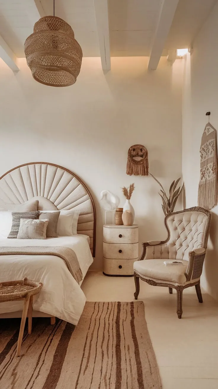 Soft lighting illuminates a calming white modern boho bedroom featuring eclectic décor and vintage accents.