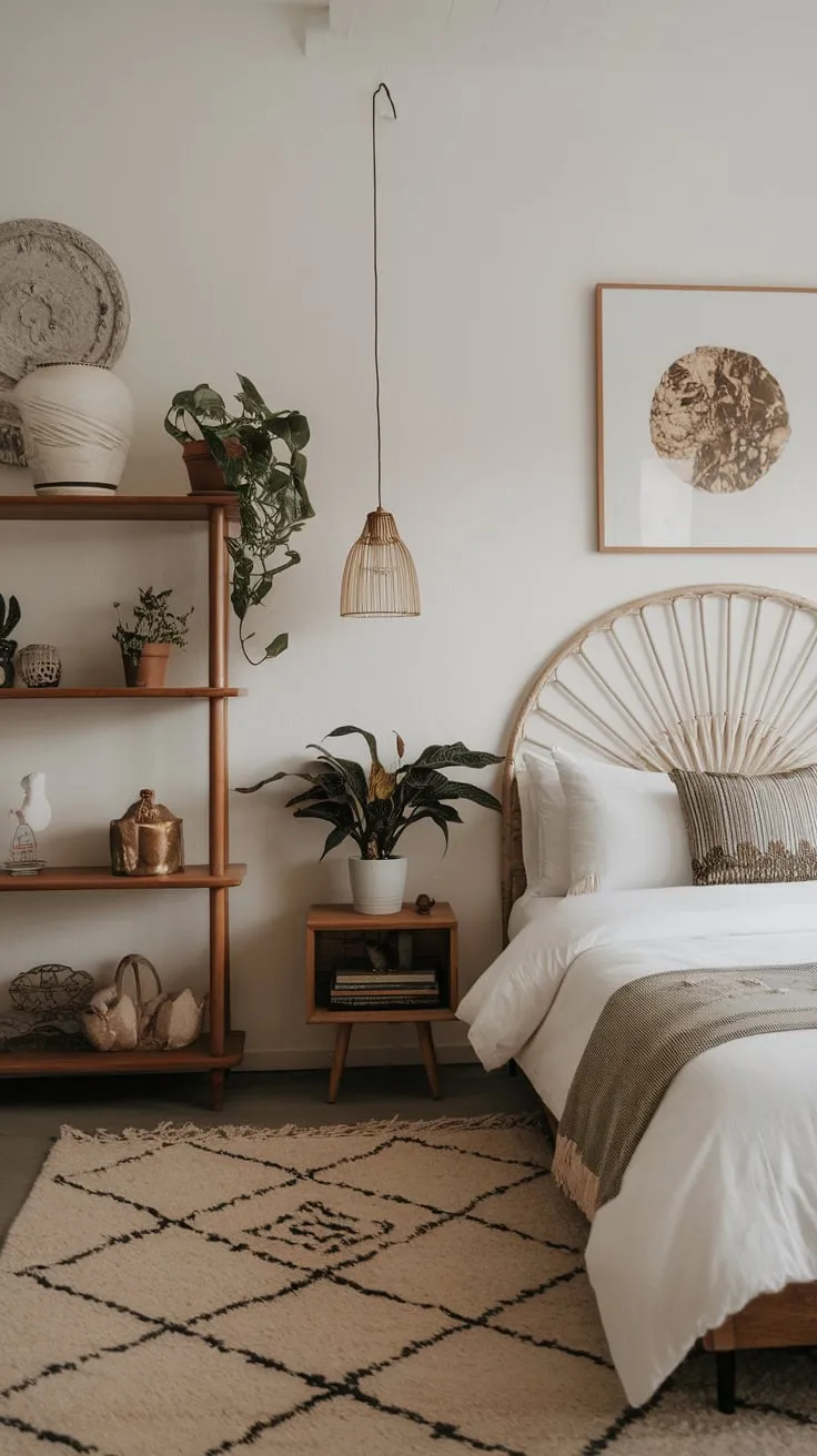 A minimalist white bedroom blends boho textures, geometric patterns, and eclectic art for a modern, calming space