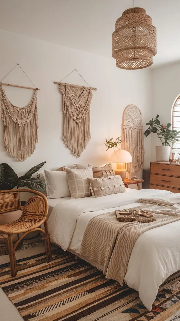 Warmth and coziness define this modern boho bedroom, where minimalist white walls are complemented by eclectic woven textures and natural elements.