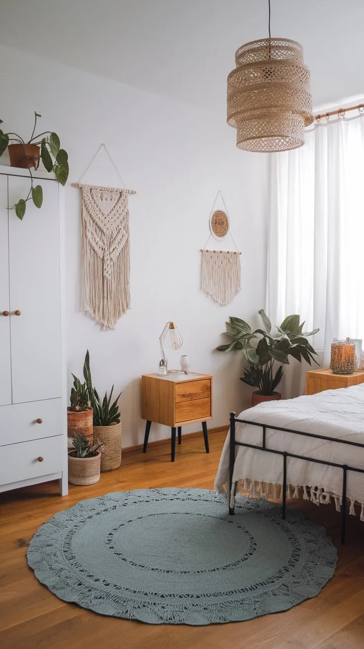 A minimalist white bedroom blends modern lines with boho textures via a macrame wall hanging, potted plants, and a vibrant blue rug.