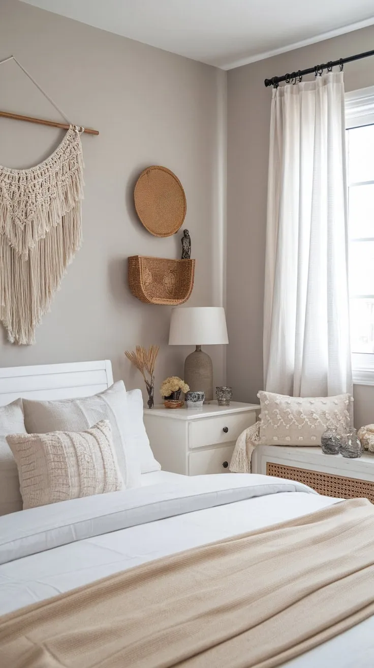 Light gray walls and white furniture create a serene modern boho bedroom accented by carefully chosen macrame, rattan, and vintage pieces.