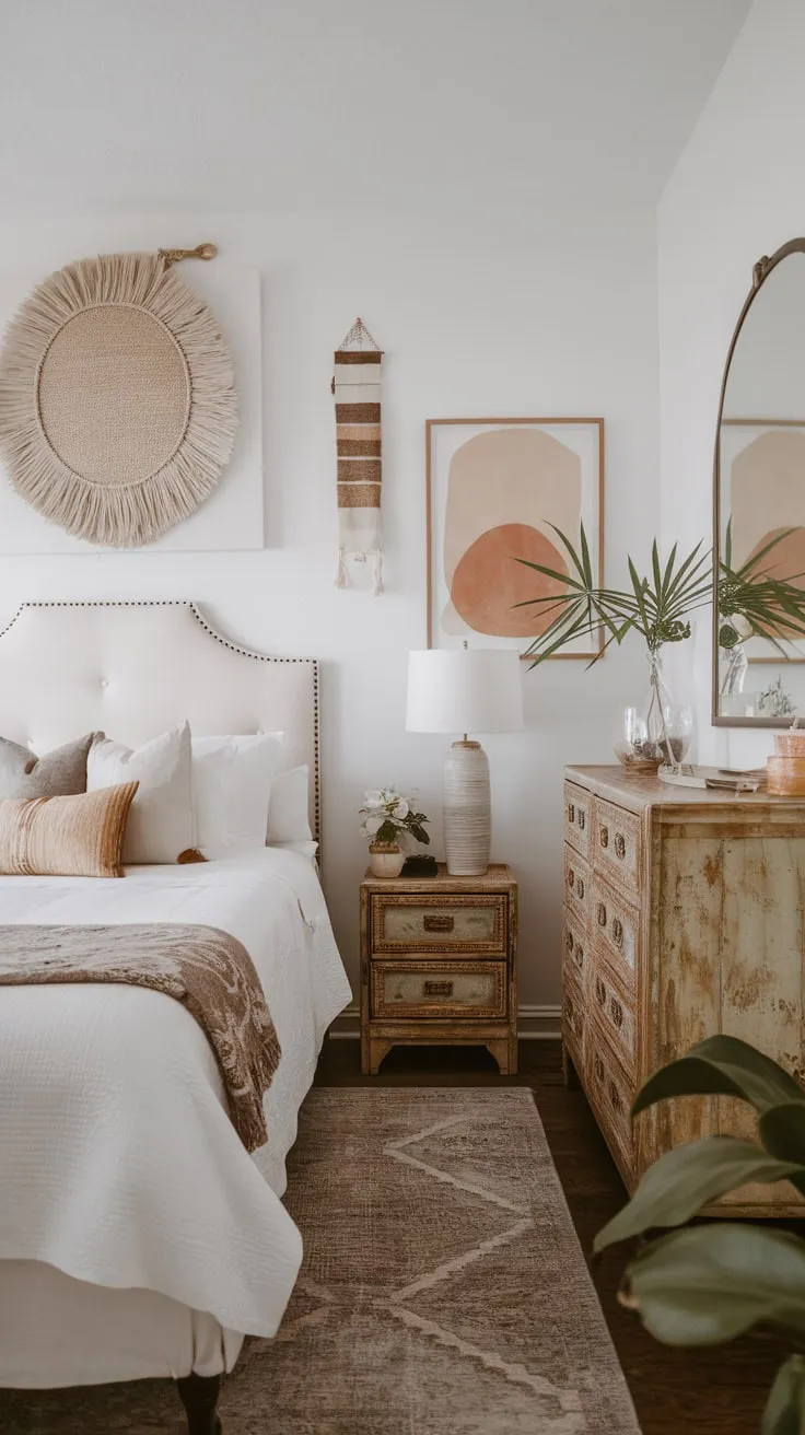 A minimalist white bedroom blends modern lines with bohemian textures and eclectic art for a relaxed yet stylish space