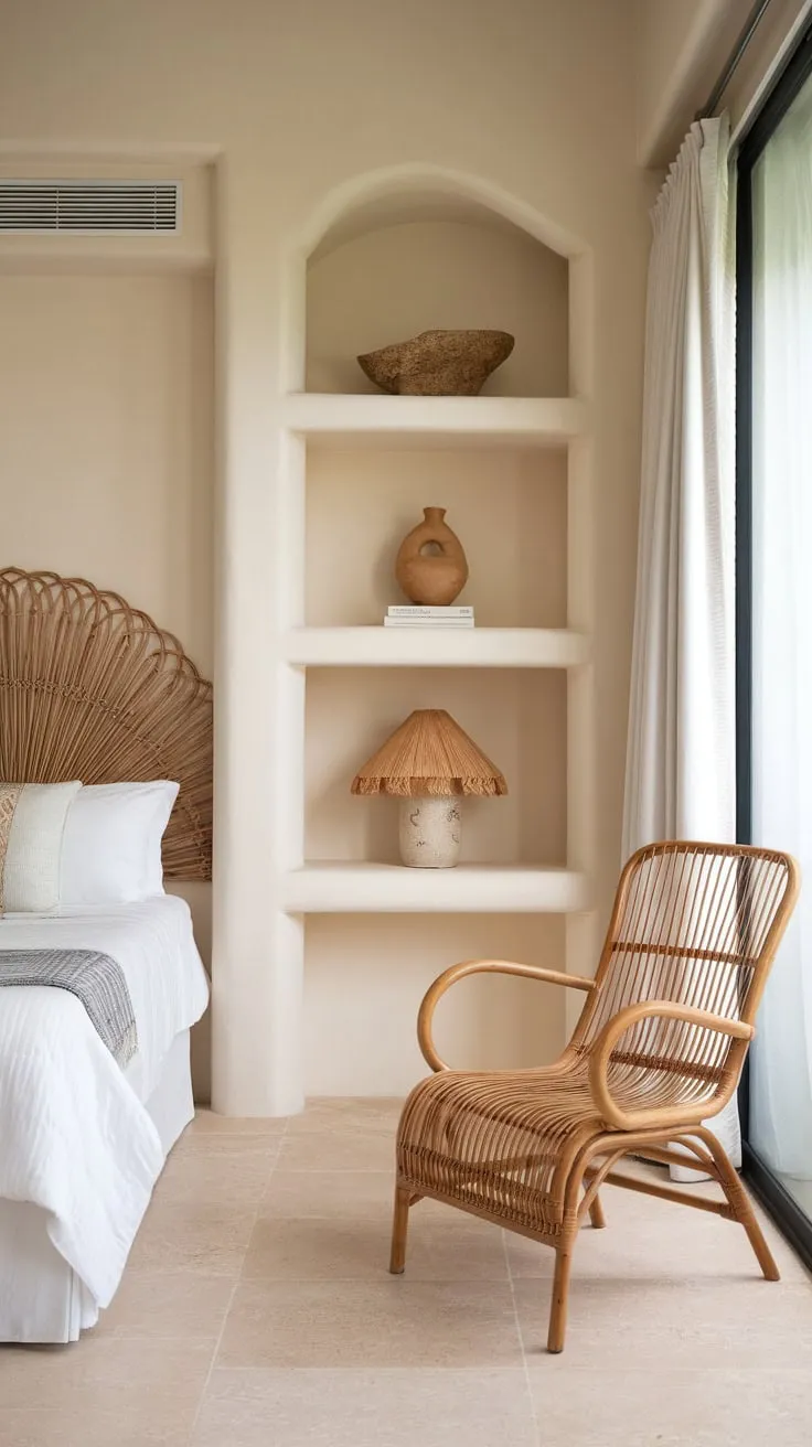 Soft beige walls and natural light enhance the calming modern boho aesthetic of this airy bedroom.