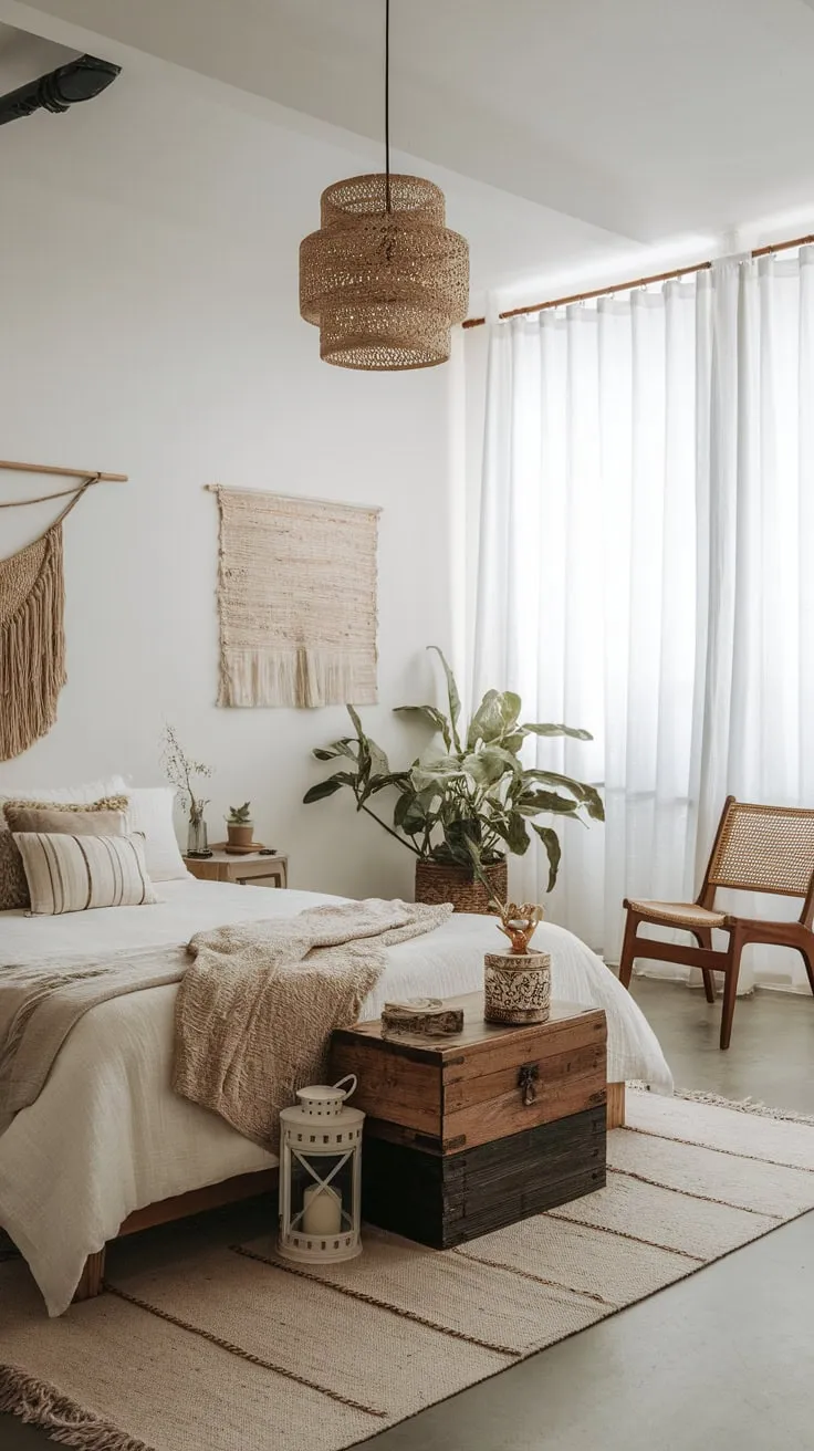 White walls and a simple bed frame showcase eclectic boho decor including a plant and artwork in a calming modern bedroom.