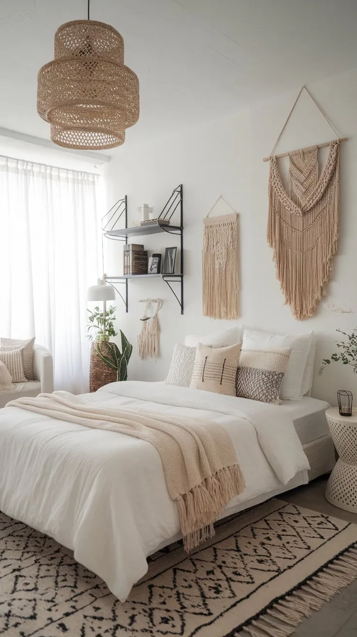 Modern and vintage elements create a serene white boho bedroom with a touch of eclectic style.