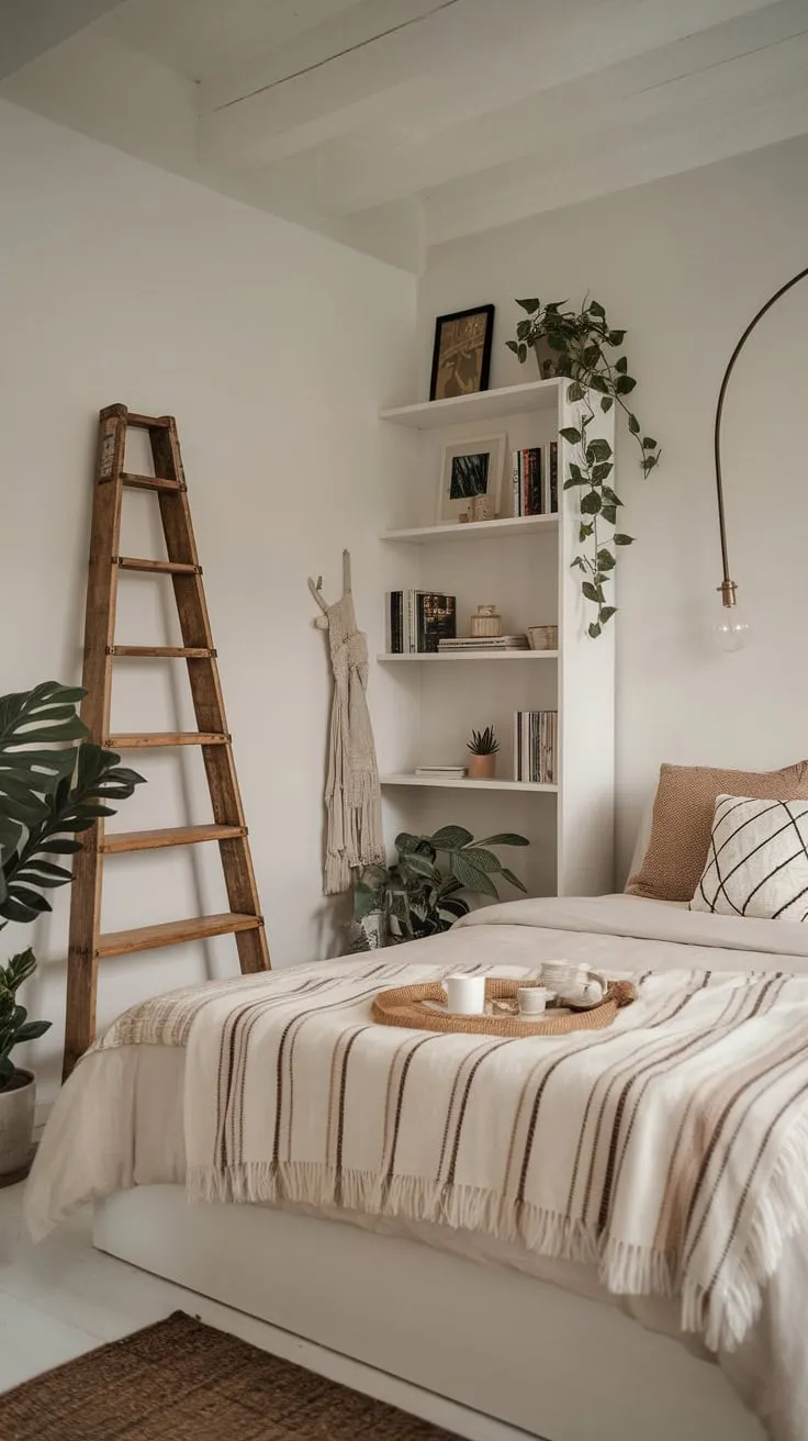 Soft lighting enhances the eclectic mix of modern and bohemian elements in a serene white space.