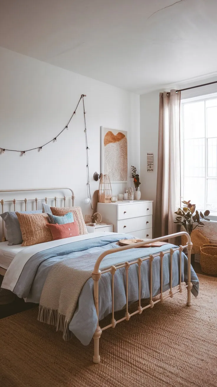 Woven rugs and string lights enhance the calming vibe of a modern boho bedroom featuring a blue-toned bed and curated accents.