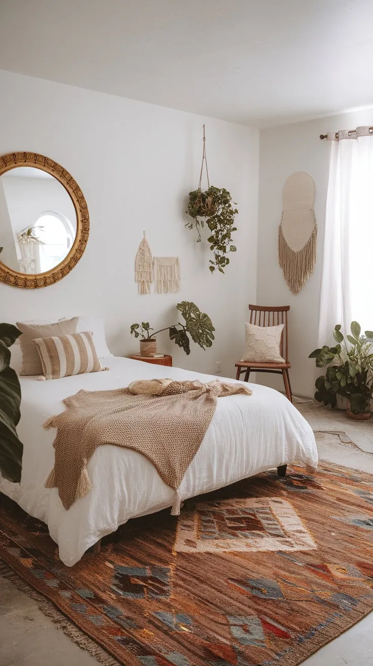 A modern boho bedroom blends eclectic vintage elements with a minimalist white palette, creating a tranquil space enhanced by a patterned rug and lush plants.