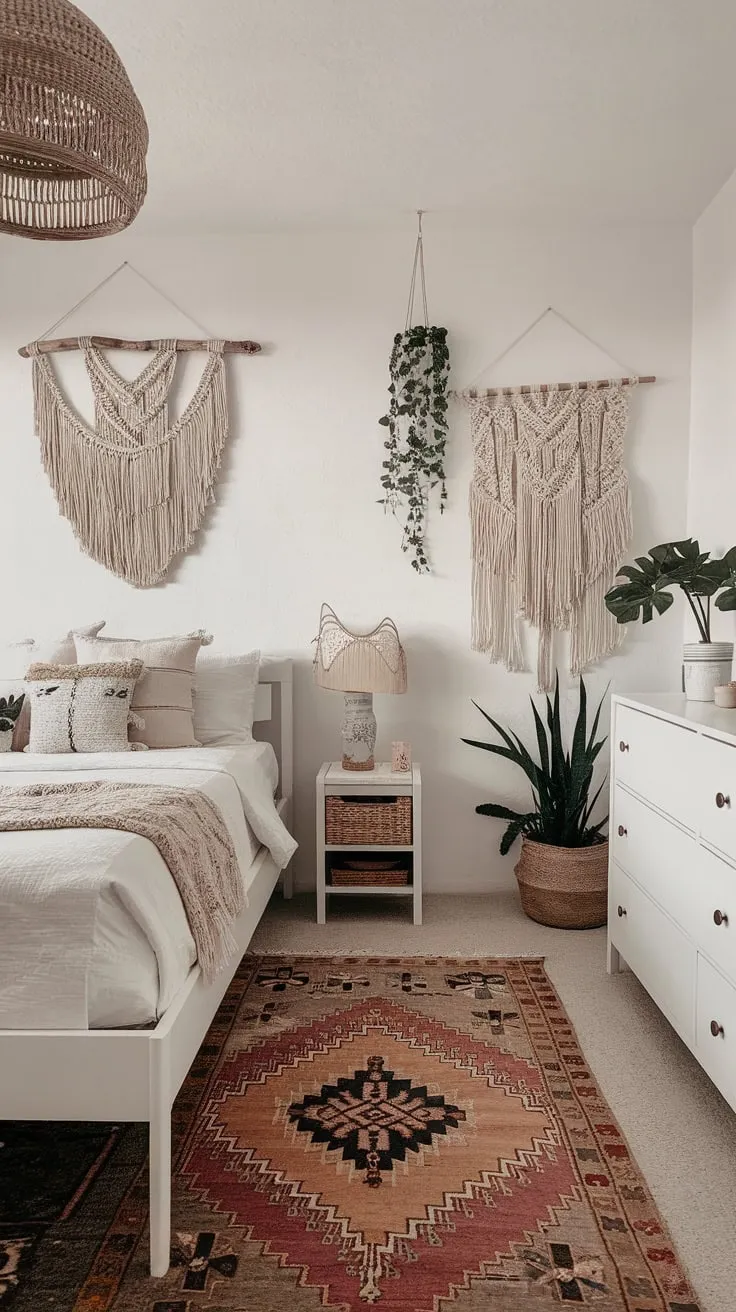 White walls and a minimalist bed frame create a serene backdrop for a curated collection of boho textures and plants in a modern bedroom.
