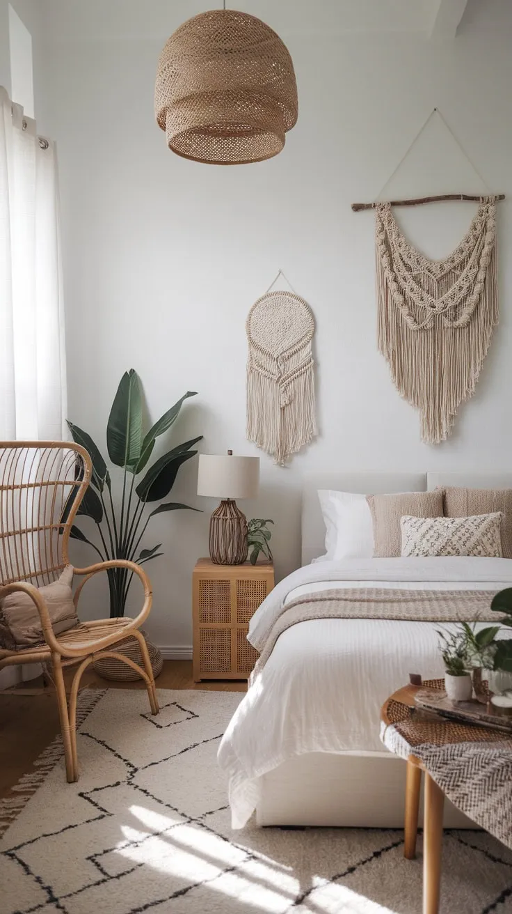 A serene modern boho bedroom blends minimalist design with natural textures and vintage accents for a tranquil retreat.