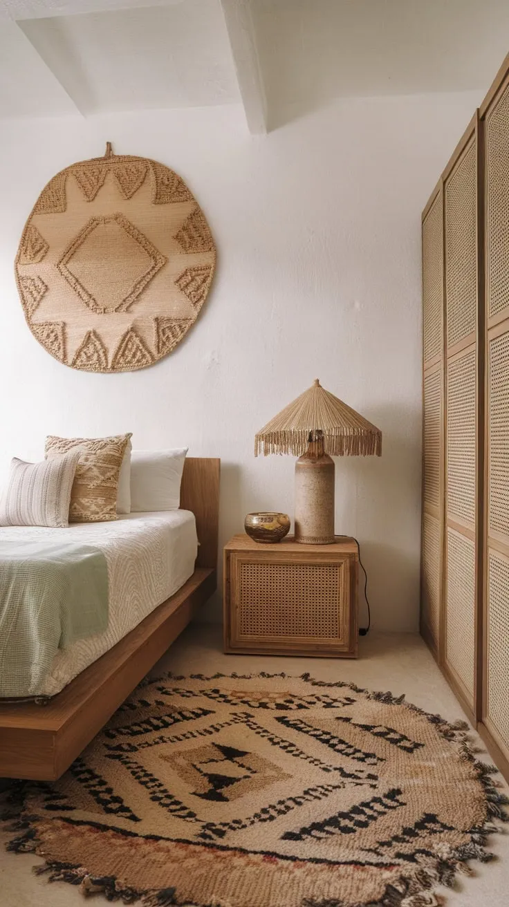 Geometric rugs and vintage lighting define a sophisticated, transitional boho aesthetic in this airy bedroom.