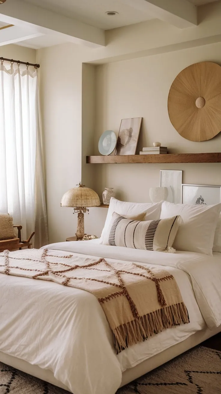 A minimalist white bedroom blends modern design with boho textures and vintage accents for a calm eclectic space