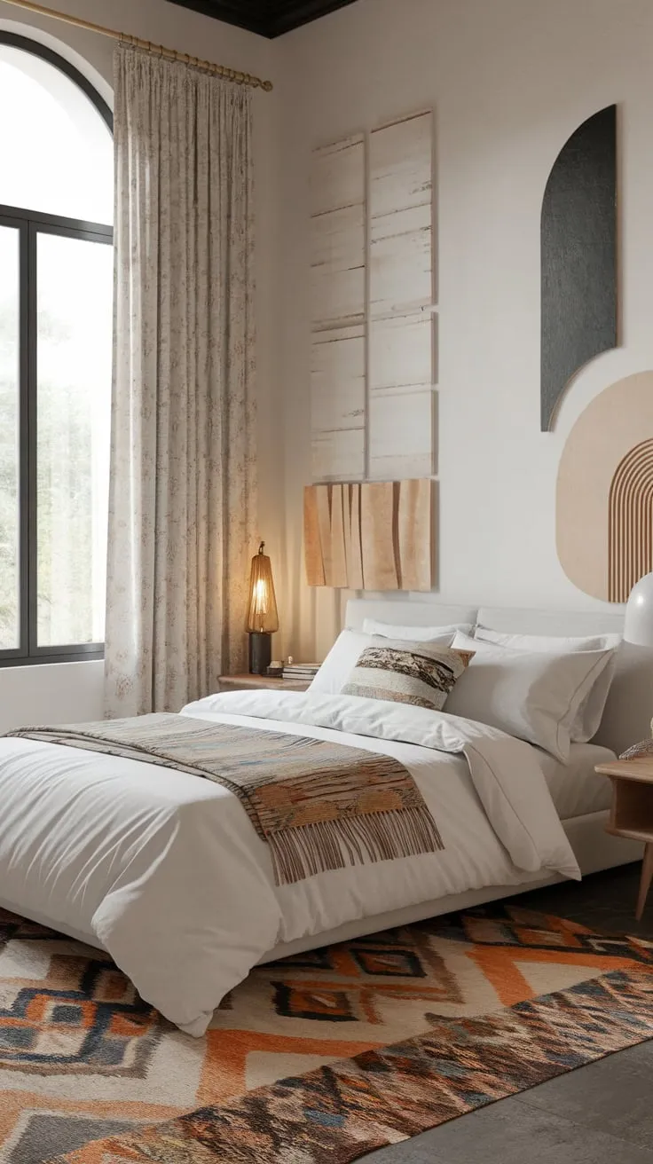 A white bed dressed in boho textiles, a vintage lamp, and artistic wall decor create a calming yet eclectic modern boho bedroom retreat.