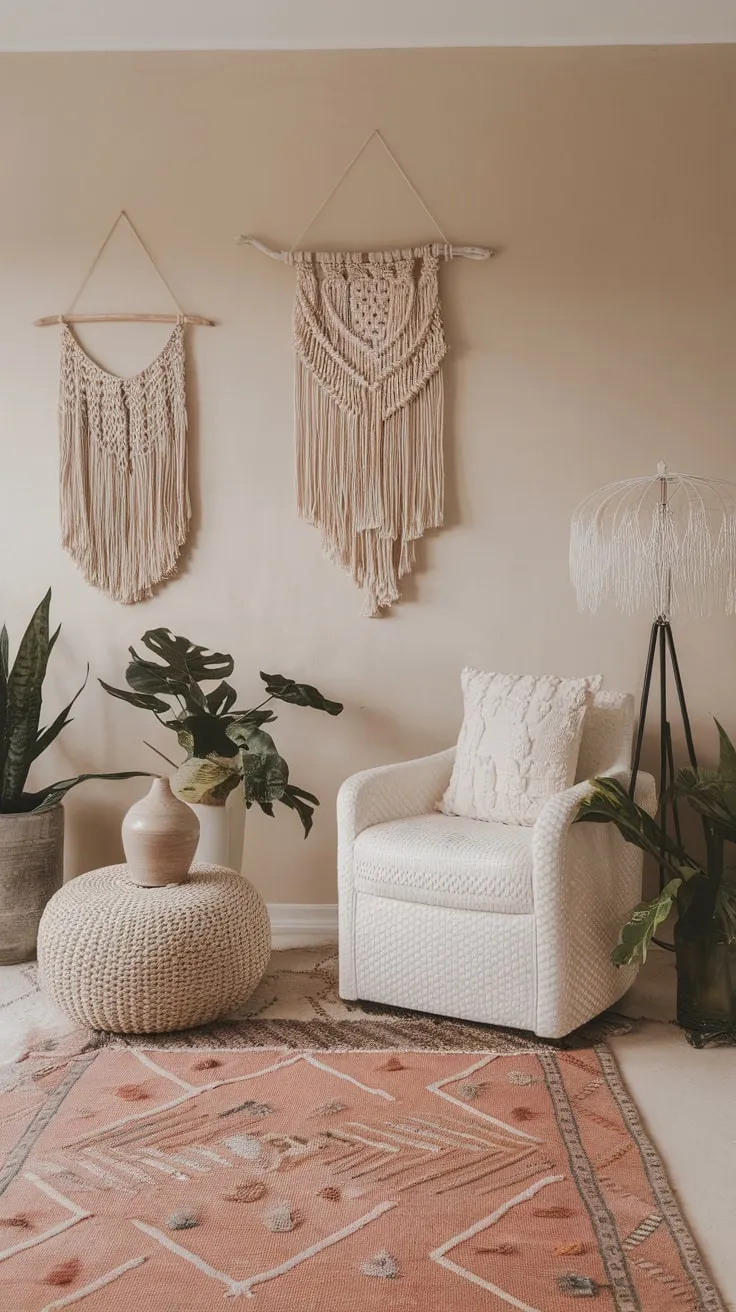 Soft beige walls and pops of greenery complete the serene modern boho retreat