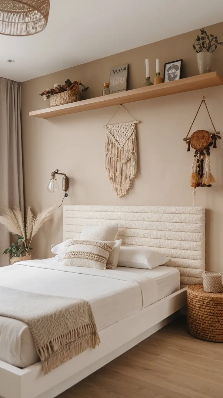 A minimalist white bed and soft beige walls are accented with eclectic boho touches like woven baskets and macrame, creating a serene modern bedroom.
