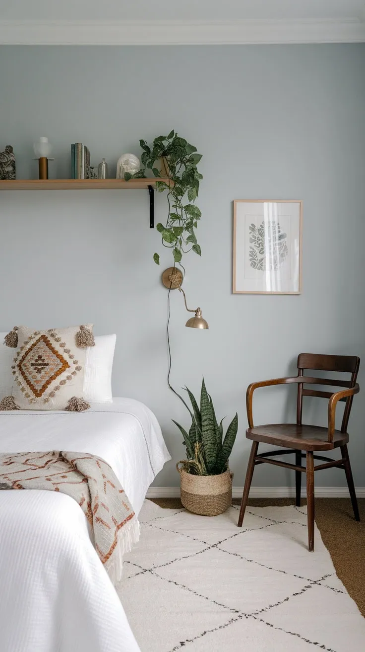 Eclectic style meets modern minimalism in a serene boho bedroom featuring a white bed, vintage chair, and pops of greenery against a light blue backdrop