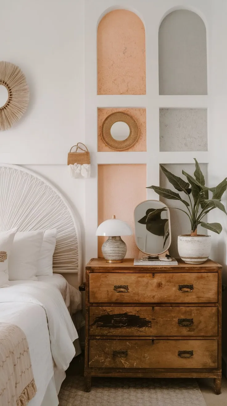 A calming modern boho bedroom blends minimalist decor with eclectic bohemian accents for a serene and stylish retreat