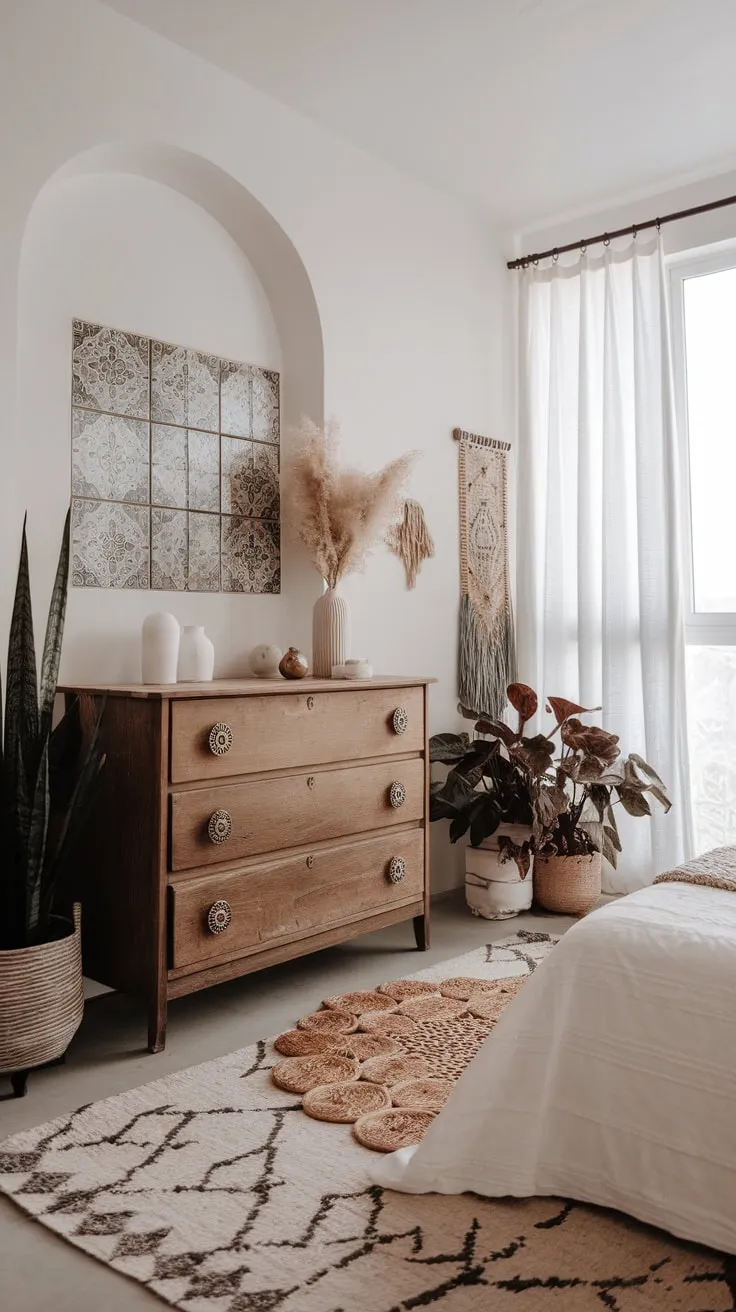 A minimalist white bedroom blends modern design with boho textures, a vintage dresser, patterned rugs, and lush greenery for a serene and stylish space