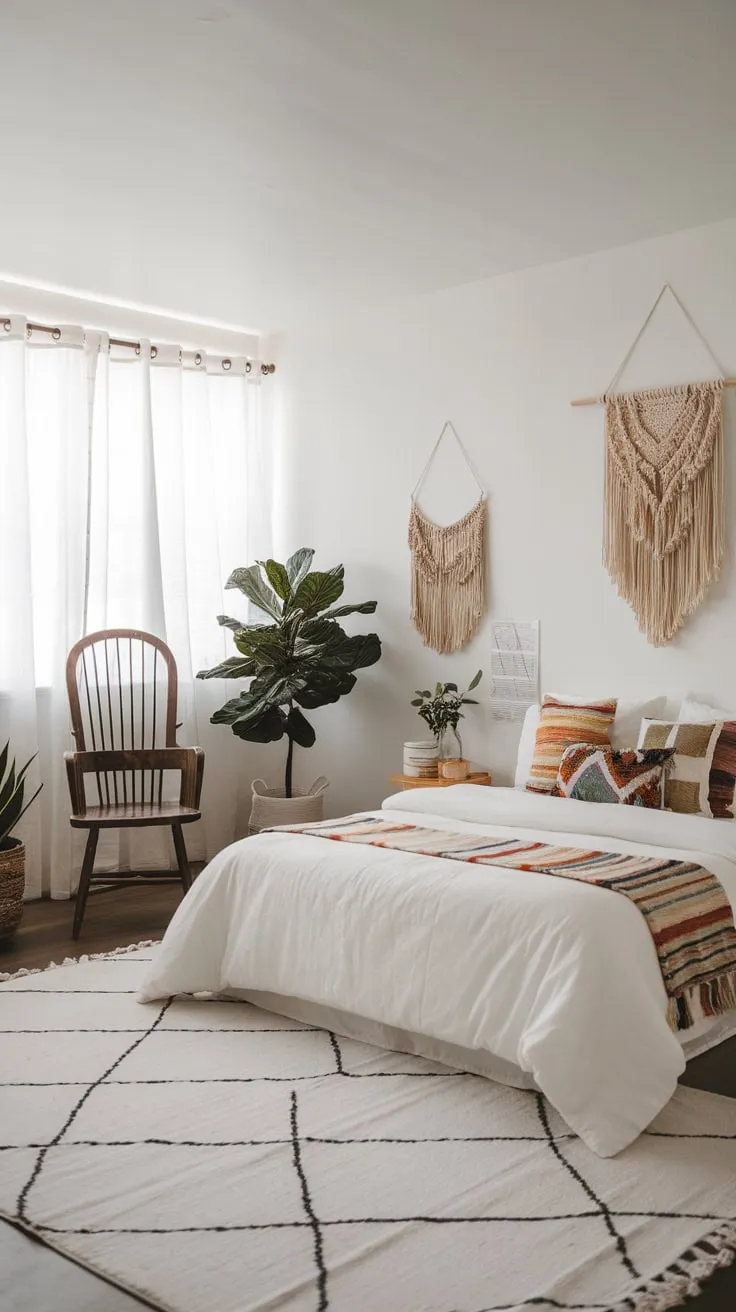 White walls and a simple design create a serene modern boho haven accented by pops of color and natural textures.