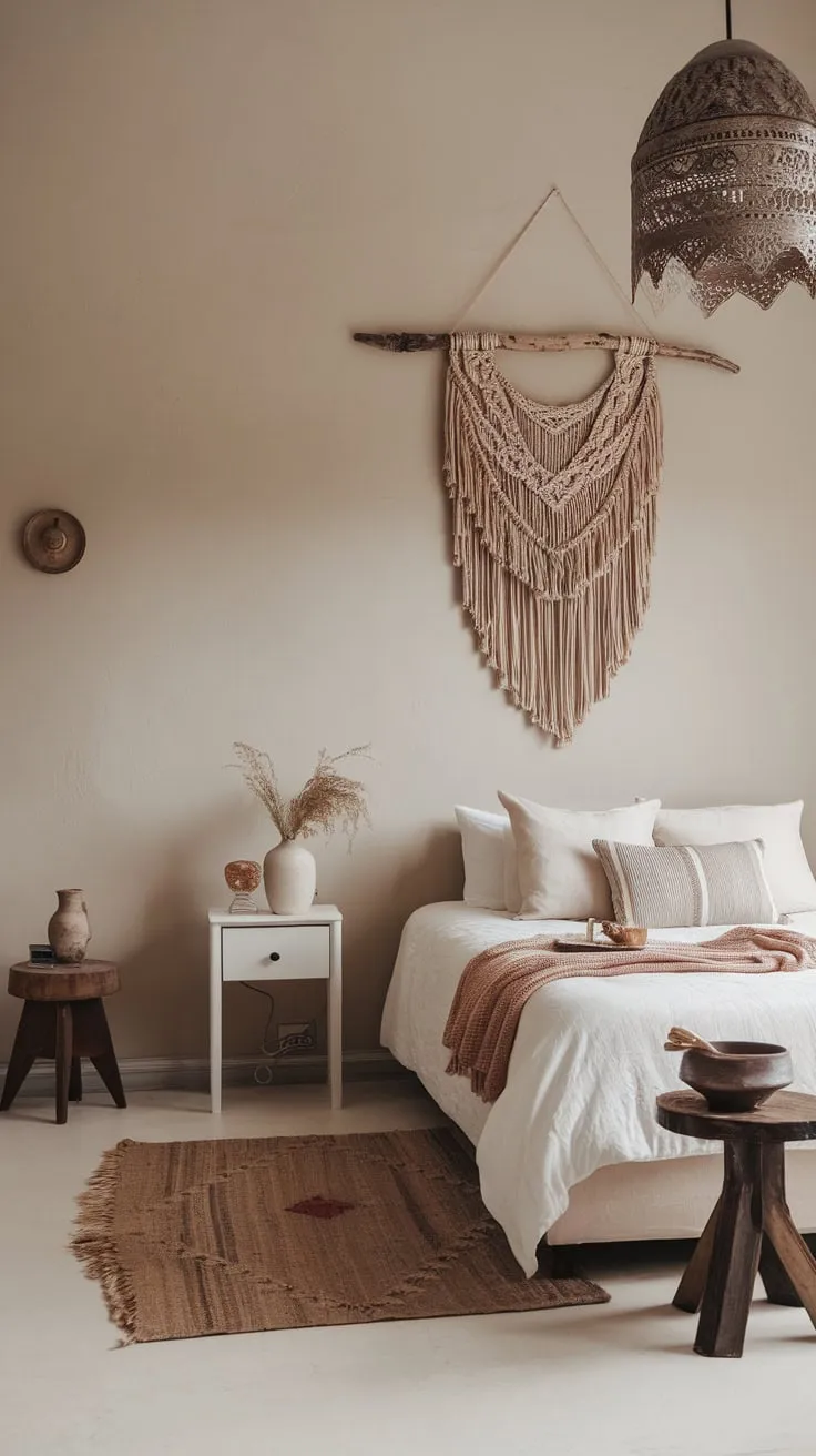 Soft beige walls and a large rug complete the calming, eclectic space.
