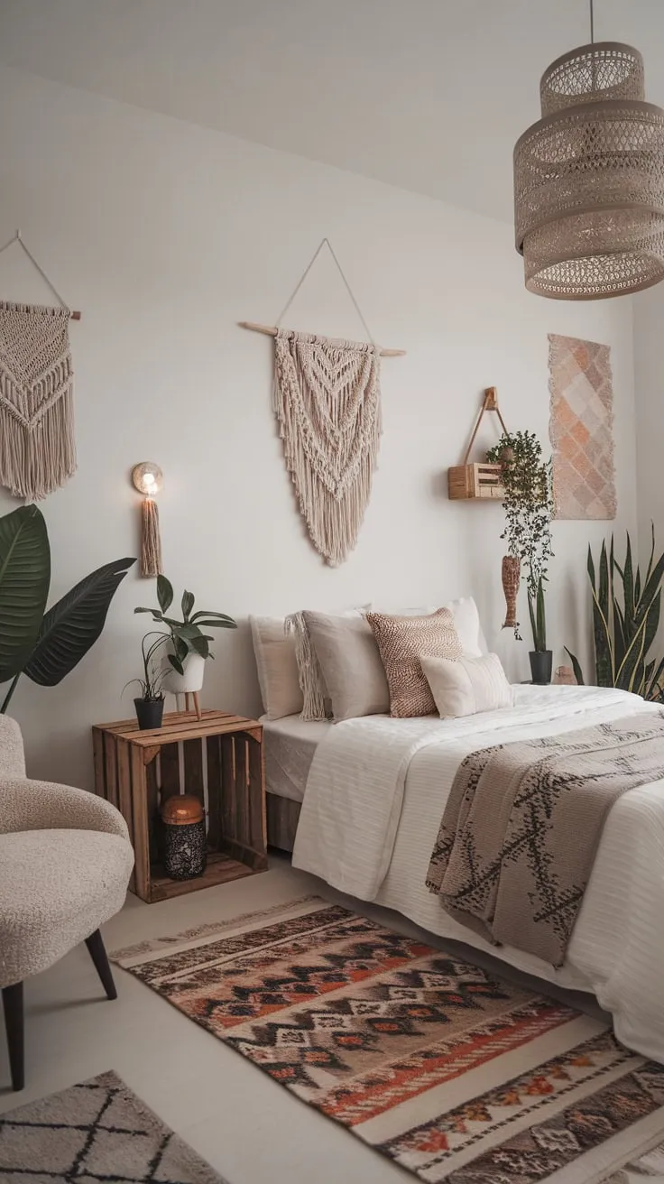 Transitional boho style meets modern minimalism in a serene bedroom featuring eclectic vintage decor and plush seating.