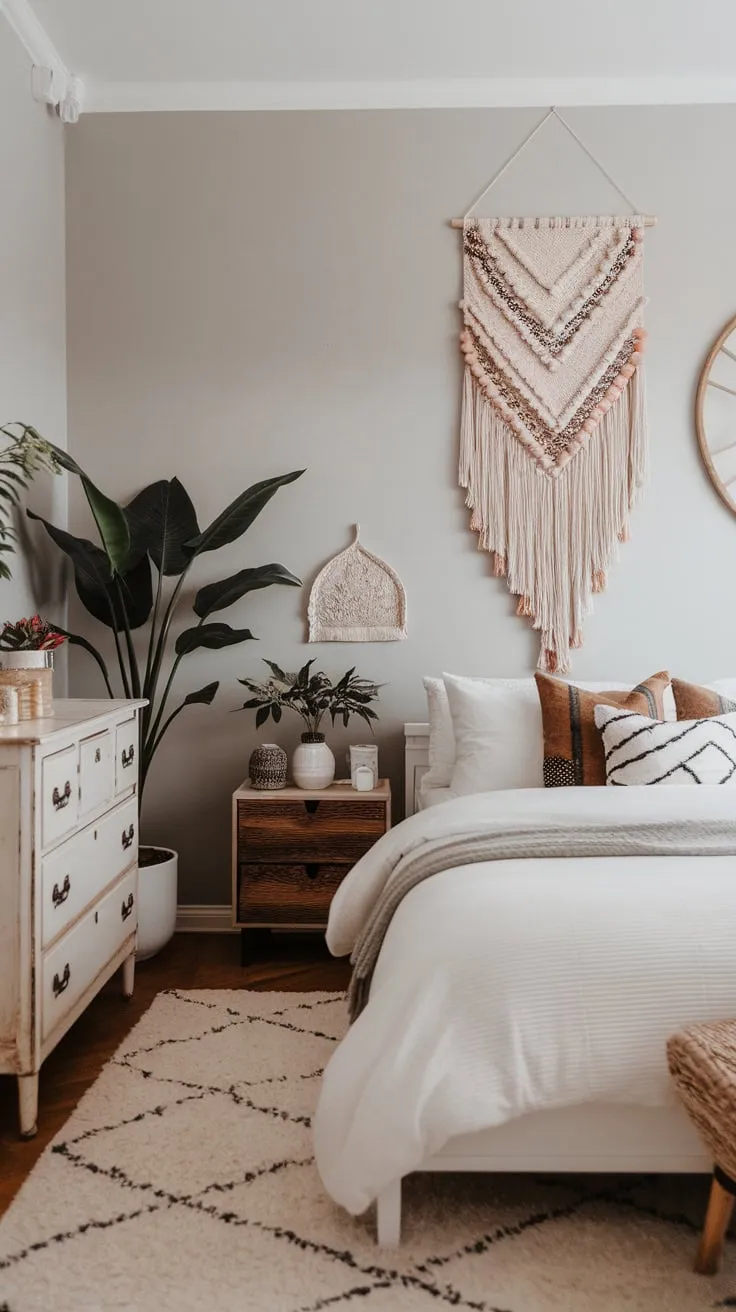 A minimalist white bed, vintage dresser, and eclectic boho decor create a serene modern bohemian haven.