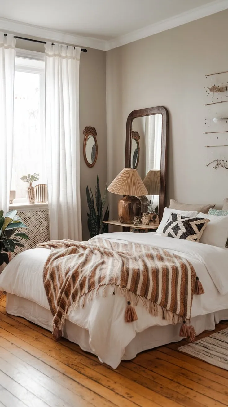 A light gray-walled bedroom showcases a white bed adorned with boho textiles, vintage accents, and a leafy plant, creating a modern bohemian haven.