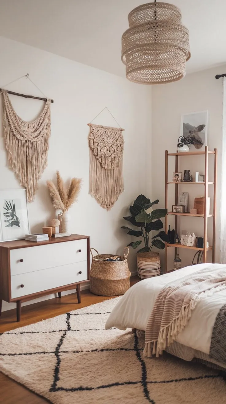 A minimalist white bedroom blends modern furniture with vintage boho accents like macrame and rattan for a tranquil, eclectic space