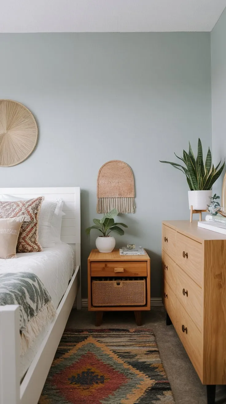 Eclectic patterns and a calming blue backdrop define this modern boho bedroom's relaxed yet stylish atmosphere.