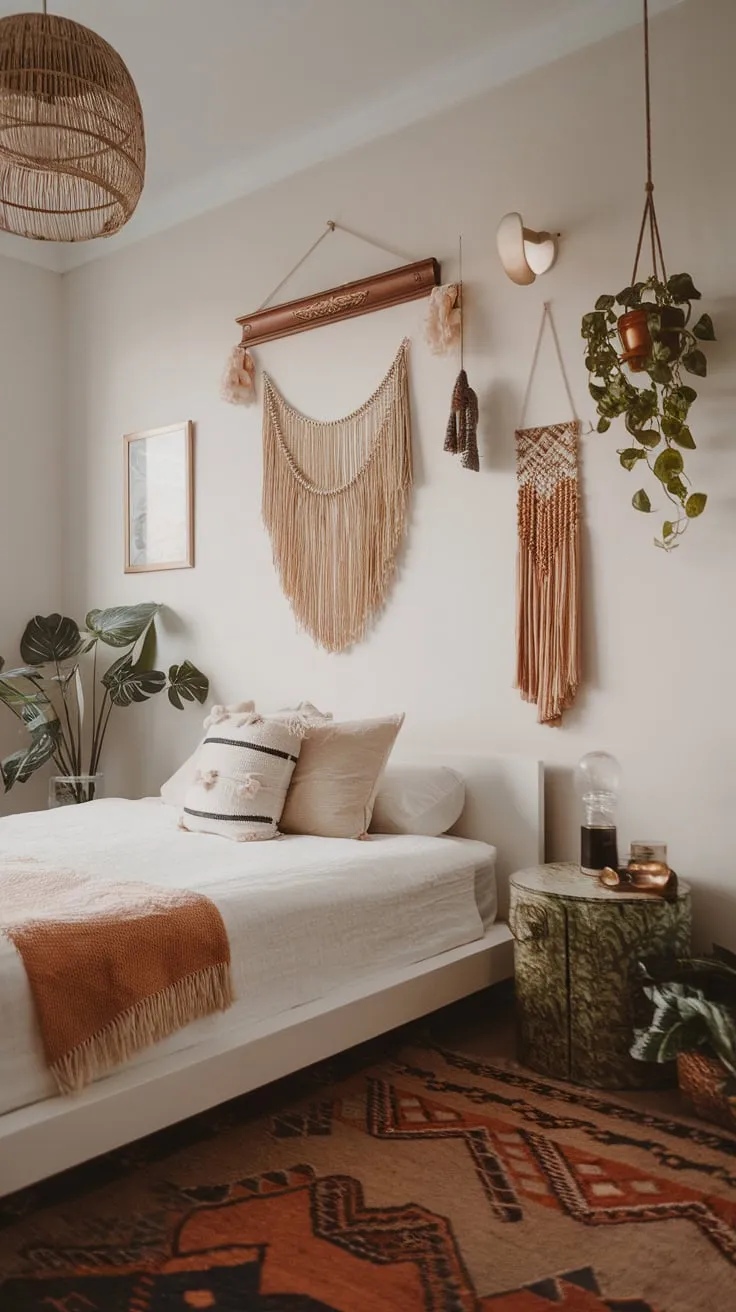 A minimalist white bed, eclectic decor, and patterned rug create a serene modern boho bedroom sanctuary